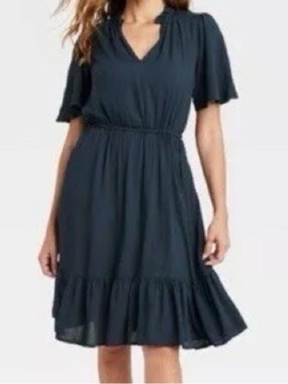 KNOX ROSE Tiered Short Sleeve Dark Navy Blue Gauze Midi Dress